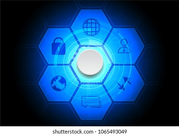 Futuristic background. Seven hexagons with six icons and a button in the middle