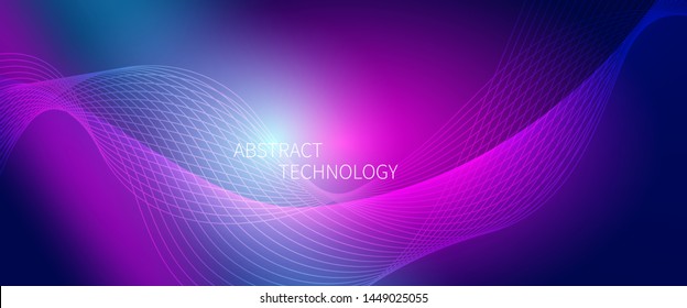Futuristic background with smooth line. Beautiful waving line in PURPLE and BLUE neon color. Horizontal banner template. Abstract futuristic template. Technology wallpaper with vibrant color.