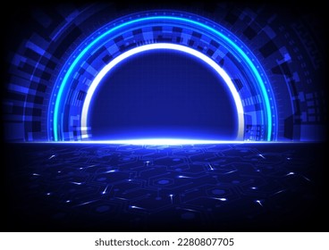 Futuristic background technology abstract Laser illuminated tech circle door Electronic circuits on the floor Hexagonal points of light and light trails grid behind circle blue gradient background