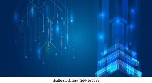 Futuristic background with upward arrows and digital elements symbolizing growth, development and technology. Ideal for business presentations banners and IT design.