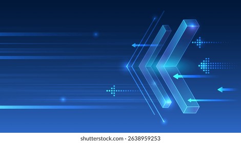 A futuristic background with vibrant 3D arrows and geometric lines moving across the horizon. The abstract design symbolizes data transfer, speed, technological flow and digital communication.