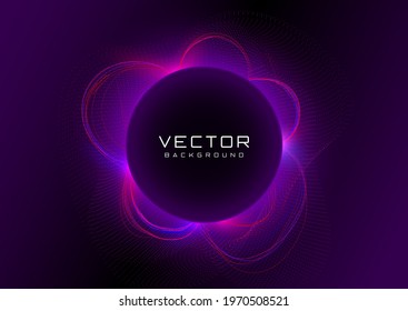 Futuristic background with vivid neon blue pink light with flares and particles behind the black circle. Eclipse concept. Design of banner, poster for cybersport, and advertising. Vector illustration.
