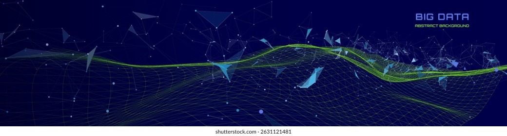 Futuristic background wavy green grid quantum computing with poligons broken data on dark . Digital technology concept research lost bytes in ciberspace. Big data.