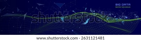 Futuristic background wavy green grid quantum computing with poligons broken data on dark . Digital technology concept research lost bytes in ciberspace. Big data.