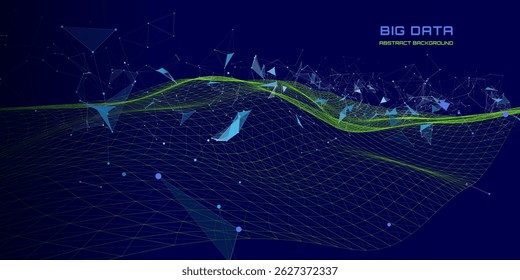 Futuristic background wavy grid quantum computing with poligons broken data on dark . Digital technology concept research lost bytes in ciberspace. Big data.