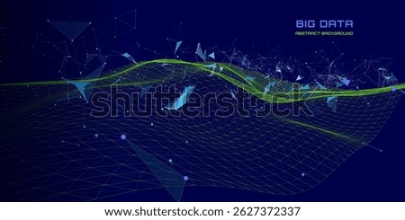 Futuristic background wavy grid quantum computing with poligons broken data on dark . Digital technology concept research lost bytes in ciberspace. Big data.