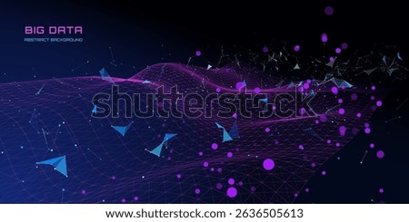 Futuristic background wavy grid quantum computing with poligons broken data on dark blue . Digital technology concept research lost bytes in ciberspace. Big data.