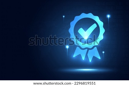 Futuristic badge award medal and business guarantee mark symbol for online digital transformation abstract technology background. Innovative technology and big data concept. Vector illustration