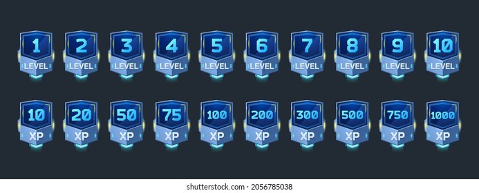 Futuristic badges with level number and experience points for game ui design. Vector cartoon icons of blue labels with rank and xp in sci fi style isolated on background