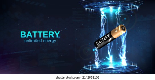 Futuristic banner 3d Li-Ion AA or AAA battery. Futuristic hologram with electric lightning discharges or battery discharge. Mockup banner with electric lightening bolt power. 3D Vector banner