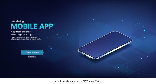 Futuristic banner with 3D realistic mobile phone with screen glow, isometric view. 3D smartphone for presentation on dark blue surface with elements. Realistic cellphone with blank screen. Vector