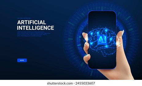 Futuristischer Banner mit KI Brain. Vektorillustration mit Handtelefon und futuristisch glühend niedrigem Polygongehirn. KI-Technologie, künstlicher Geist, Konzept der künstlichen Intelligenz.