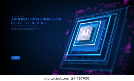 Anuncio futurista con chip de inteligencia artificial. Concepto de tecnología de semiconductores. Ilustración vectorial moderna de la CPU de la IA aislada en el fondo oscuro. Conjunto de chips Ai con Elementos HUD.