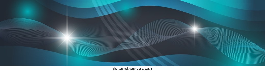 Futuristic banner in azure turquoise tones. Intertwined wavy lines, flashes of light against a background of mixing colors. Vector.