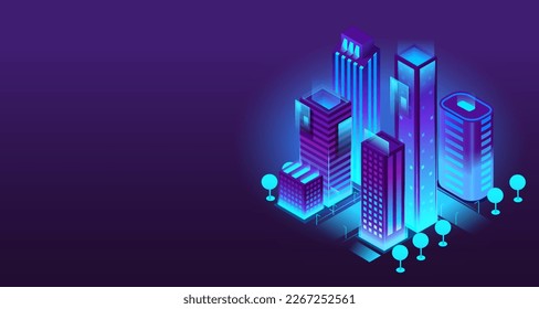 Futuristic banner with city buildings isometric design. Office and commercial building in 3d neon style. Urban cityscape concept, web design. Urban architecture of street elements. Vector illustration