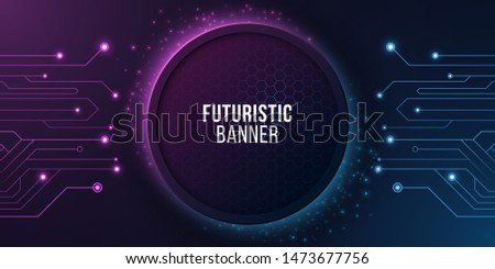 Futuristic banner with computer circuit. Modern tech design. Blue and purple glowing neon honeycombs with flying glowing dust. Vector illustration. EPS 10