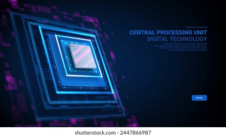 Futuristic banner with digital computer chip. Semiconductor technology concept. Modern vector illustration of CPU isolated on dark background. Digital chip with HUD elements.