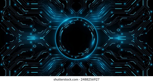 Futuristic banner with glowing circuit board. Hi-tech CPU panel with HUD circle. Sci-fi cover for technology design. Vector illustration. EPS 10