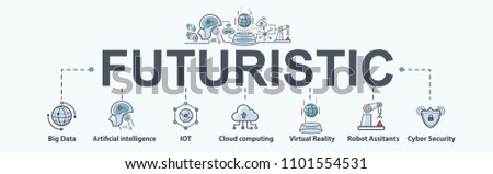 Futuristic banner with keyword icon. Ai, robot assistant, Cloud computing, big data, IOT, cyber security and automation.