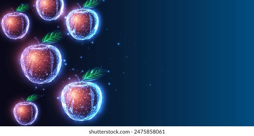 Futuristic banner with multiple glowing apples and space for text on dark blue background. Innovative food technology promotion concept. Glowing polygonal style. Modern abstract vector illustration