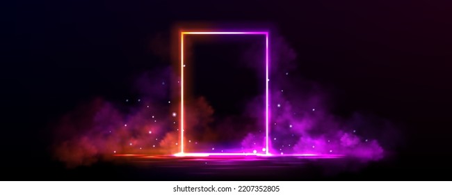 Futuristic banner with neon light frame on water surface and smoke clouds with sparkles. Glowing rectangle frame in fog on black background, vector realistic illustration