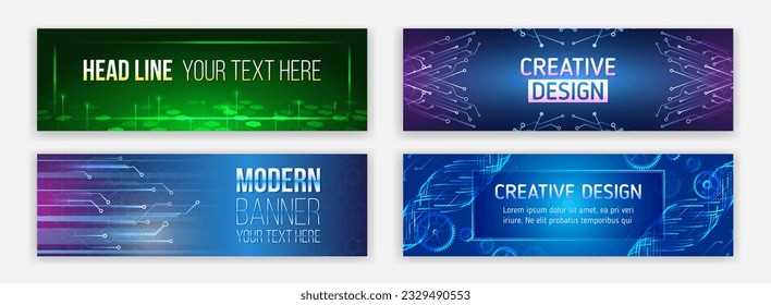 Futuristic banner template set. Modern hi-tech design for websites and social networks. Technology, medicine, science, engineering, artificial intelligence. High-tech computers concept.