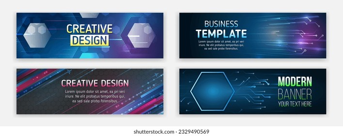 Juego de plantillas de banner futurista. Diseño moderno de alta tecnología para sitios web y redes sociales. Tecnología, medicina, ciencia, ingeniería, inteligencia artificial. Concepto de computadoras de alta tecnología.