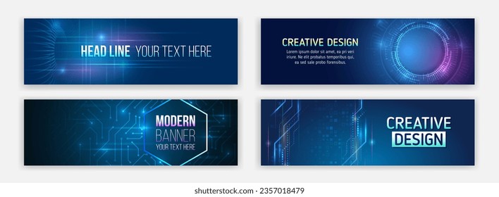Juego de plantillas de banner futurista. Diseño moderno de alta tecnología para sitios web y redes sociales. Tecnología, medicina, ciencia, ingeniería, inteligencia artificial. Concepto de computadoras de alta tecnología.