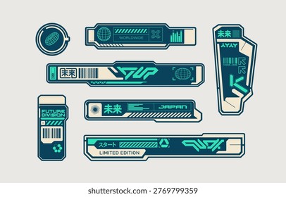 Futuristic banners set in cyberpunk style HUD display information and sci-fi ui elements, control panel button, assets in techno style - editable vector template