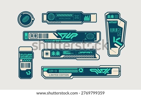 Futuristic banners set in cyberpunk style HUD display information and sci-fi ui elements, control panel button, assets in techno style - editable vector template
