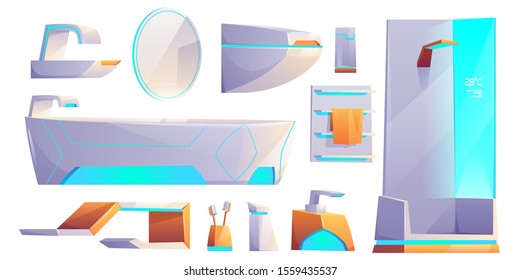 Futuristic bathroom furniture and stuff set, neon glowing objects for apartment interior. Bath tub, shower cabin, washbasin, towel hanger, toilet bowl, mirror, toothbrushes Cartoon vector illustration