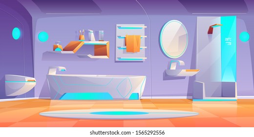 Futuristic bathroom interior with furniture and stuff, neon glowing bath tub, shower cabin, washbasin, towel hanger, toilet bowl, mirror, toothbrushes on shelf, modern home Cartoon vector illustration