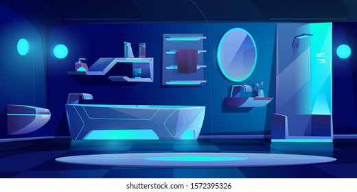 Futuristic Bathroom Interior With Furniture And Stuff Glowing With Neon Light At Darkness, Bath Tub, Shower Cabin, Washbasin, Toilet Bowl, Mirror, Shelf, Night Modern Home. Cartoon Vector Illustration