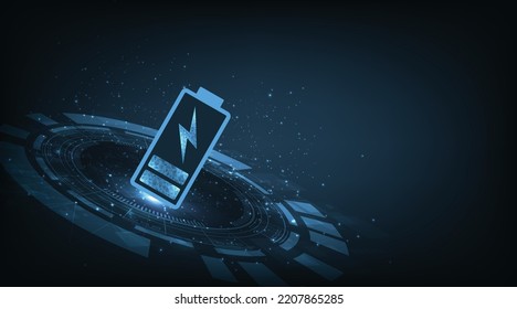Futuristic battery charging power source concept.Battery Icon in digital background, battery Supply Concept Background. Vector illustration.