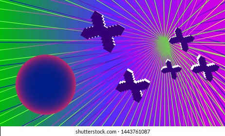 Futuristic battle pattern of star pixel ships against a violet-blue-green cyberspace.