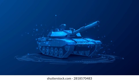Futuristic battle tank rendered as a glowing polygonal wireframe with digital particles on a dark background, representing military technology, defense systems, simulation, and virtual warfare.