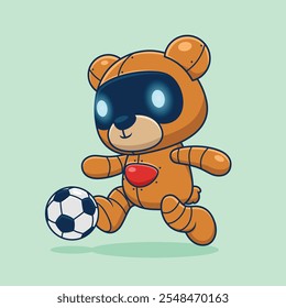 Futuristic bear robot dribbling a soccer ball with precision ,vector illustration.