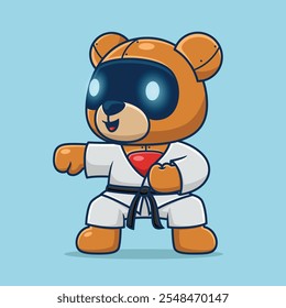 Robot oso futurista practicando artes marciales en una pose de karate, Ilustración vectorial.