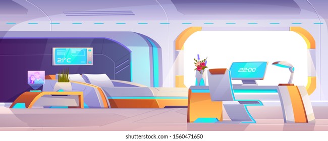 Futuristic Bedroom With Furniture, Empty Apartment Or Space Ship Interior With Neon Glowing Bed, Chair, Table, Pc Monitor, Climate Control Panel, Hologram Hub, Potted Plant Cartoon Vector Illustration