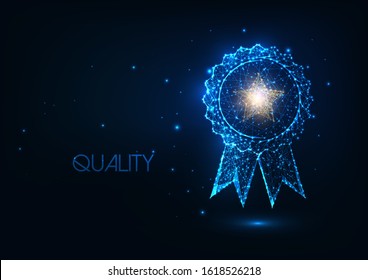 Futuristic best quality award badge concept with glowing low polygonal winner medal and golden star isolated on dark blue background. Modern wire frame mesh design vector illustration.