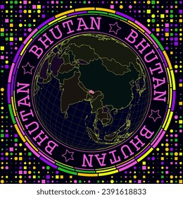 Bután futurista en el mundo. La brillante visión satelital del mundo del neón se centró en Bután. Ilustración geográfica con forma de campo y fondo geométrico. Ilustración vectorial moderna.