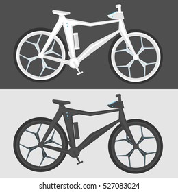 Futuristic bicycle in two colors, light and dark bicycle on isolated gray and white background. Concept design of electric bicycle.