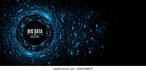 Conceito de visualização de megadados futurista. Círculos digitais de formas geométricas decadentes com código binário e elementos de circuito brilhantes no ciberespaço. Redes globais de comunicação. Vetor.