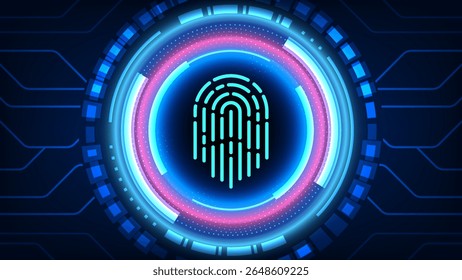 Interfaz biométrica futurista del escáner de la huella dactilar que brilla intensamente Círculos digitales Diseño de la autenticación de la ciberseguridad