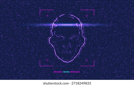 Futuristische biometrische Identitätsverifizierungs-Vektorgrafik mit digitaler Gesichtsabtastung. Cyber-Sicherheitskonzept mit künstlicher Intelligenz und Gesichtserkennungstechnik auf dunkelblauem Hintergrund.