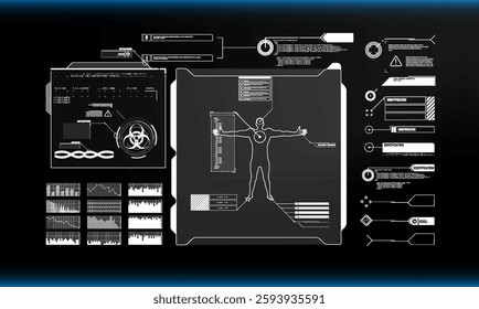 Futuristic biometric interface with high-tech data panels, human figure, and security analysis visuals—perfect for tech themes.