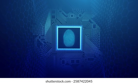 Futuristic biometric security, glowing fingerprint scanner in a digital microchip, surrounded by circuit board on blue background. Cybersecurity, data encryption, and identity verification technology.
