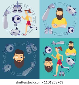 Futuristic bionic prosthesis and artificial organs concept posters set. Young girl jogging in headphones with iron robotic leg handicap, hipster man with eye, arm prosthesis, robotic lengs, heart