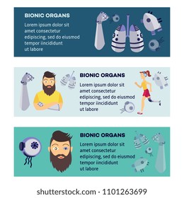 Futuristic bionic prosthesis and artificial organs concept posters set. Young girl jogging in headphones with iron robotic leg handicap, hipster man with eye, arm prosthesis, robotic lengs, heart