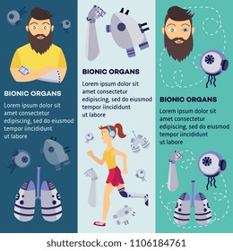 Futuristic bionic prosthesis and artificial organs concept posters set. Young girl jogging in headphones with iron robotic leg handicap, hipster man with eye, arm prosthesis, robotic lengs, heart
